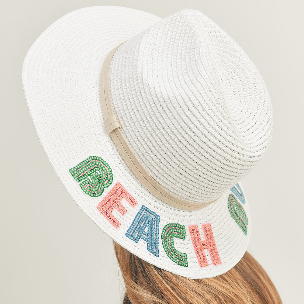 HATEGORY Beach Bum Sequin Message Straw Panama Sun Hat