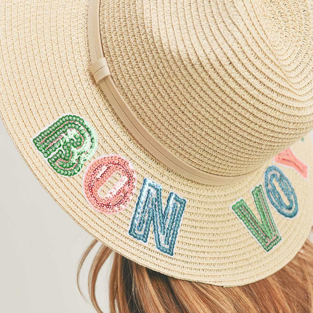 HATEGORY Bon Voyage Sequin Message Straw Panama Sun Hat
