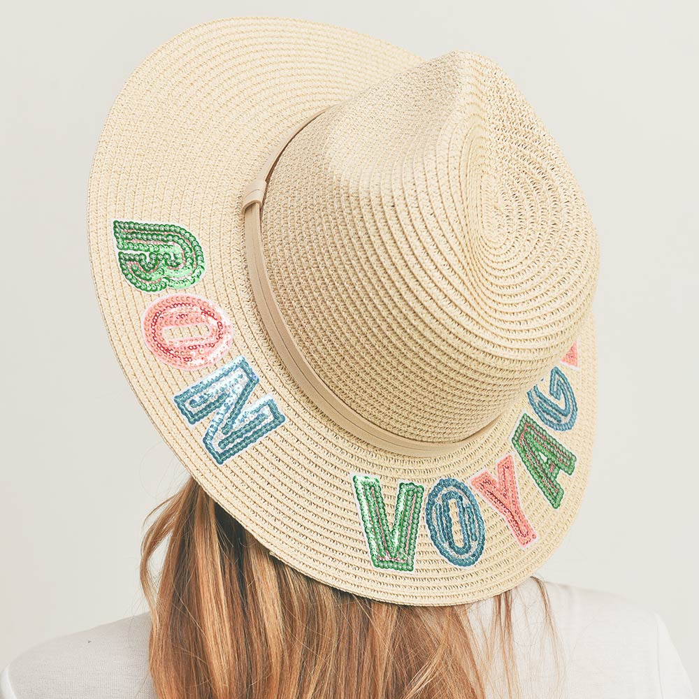 HATEGORY Bon Voyage Sequin Message Straw Panama Sun Hat