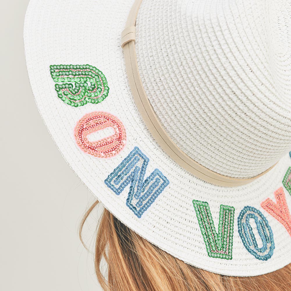 HATEGORY Bon Voyage Sequin Message Straw Panama Sun Hat