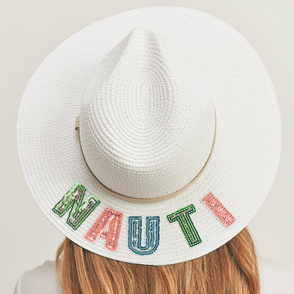 HATEGORY Nauti Sequin Message Straw Panama Sun Hat