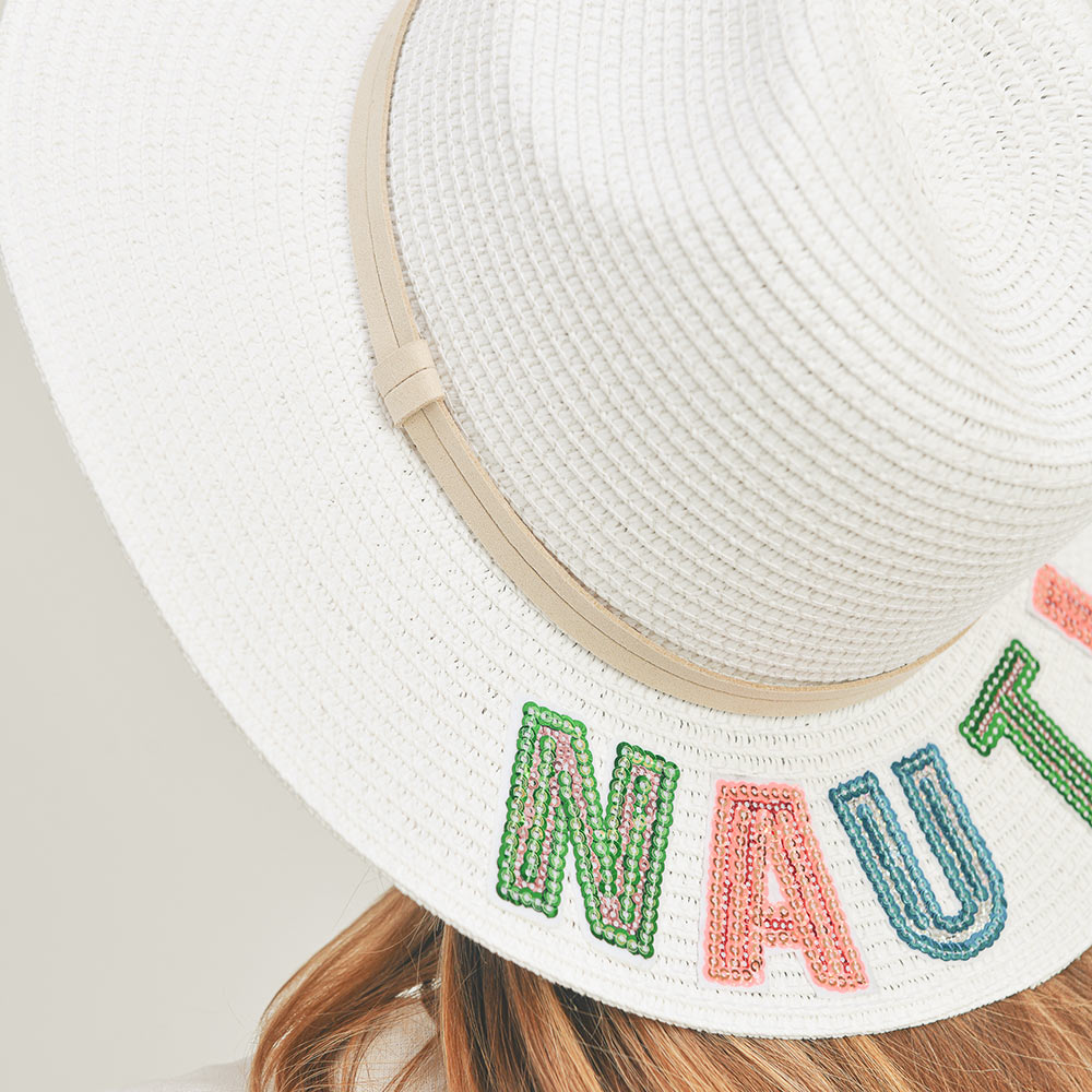 HATEGORY Nauti Sequin Message Straw Panama Sun Hat
