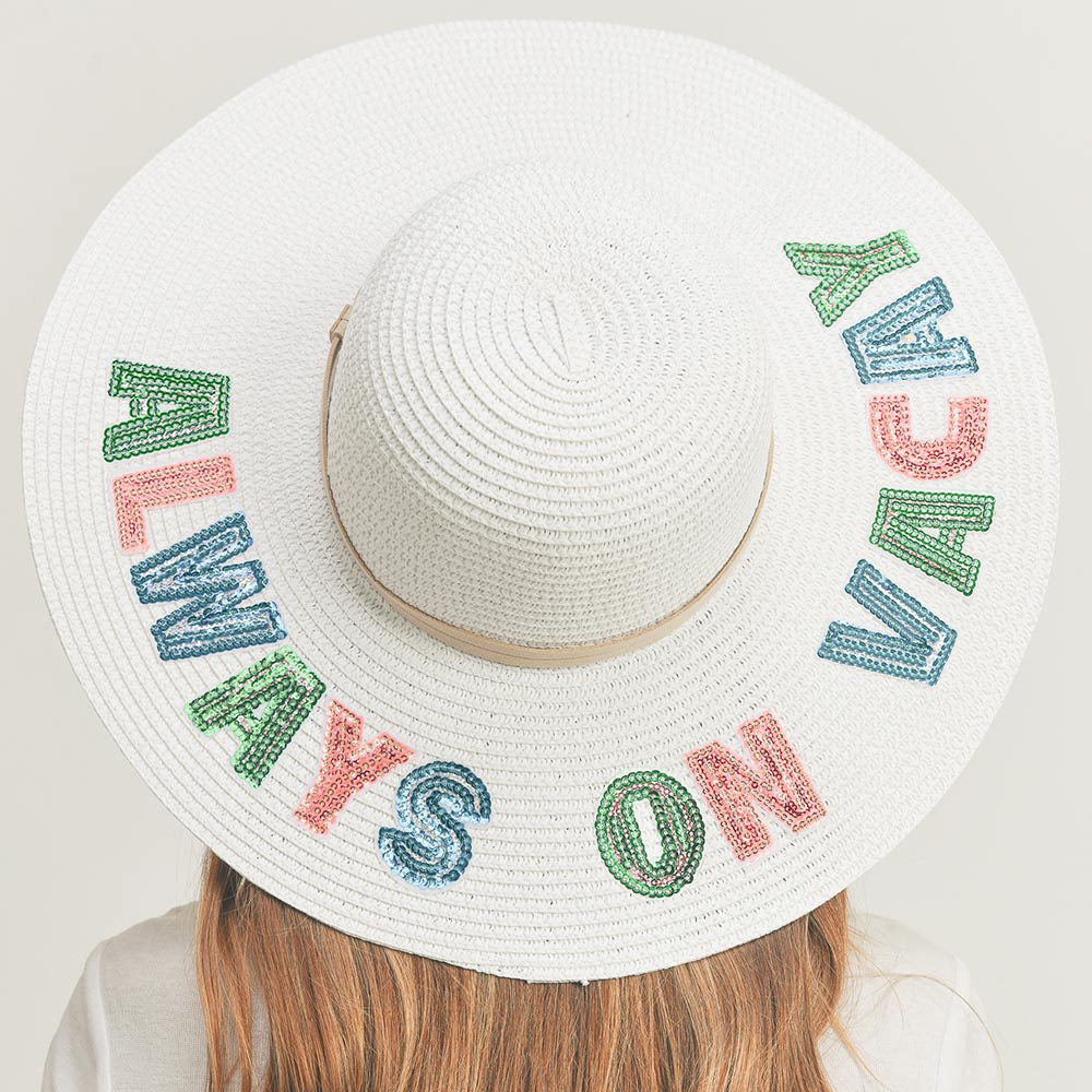 HATEGORY Always On Vacay Sequin Message Straw Panama Sun Hat