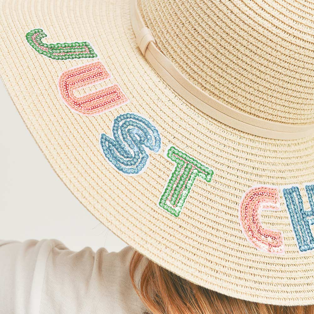 HATEGORY Just Chill Out Sequin Message Straw Panama Sun Hat
