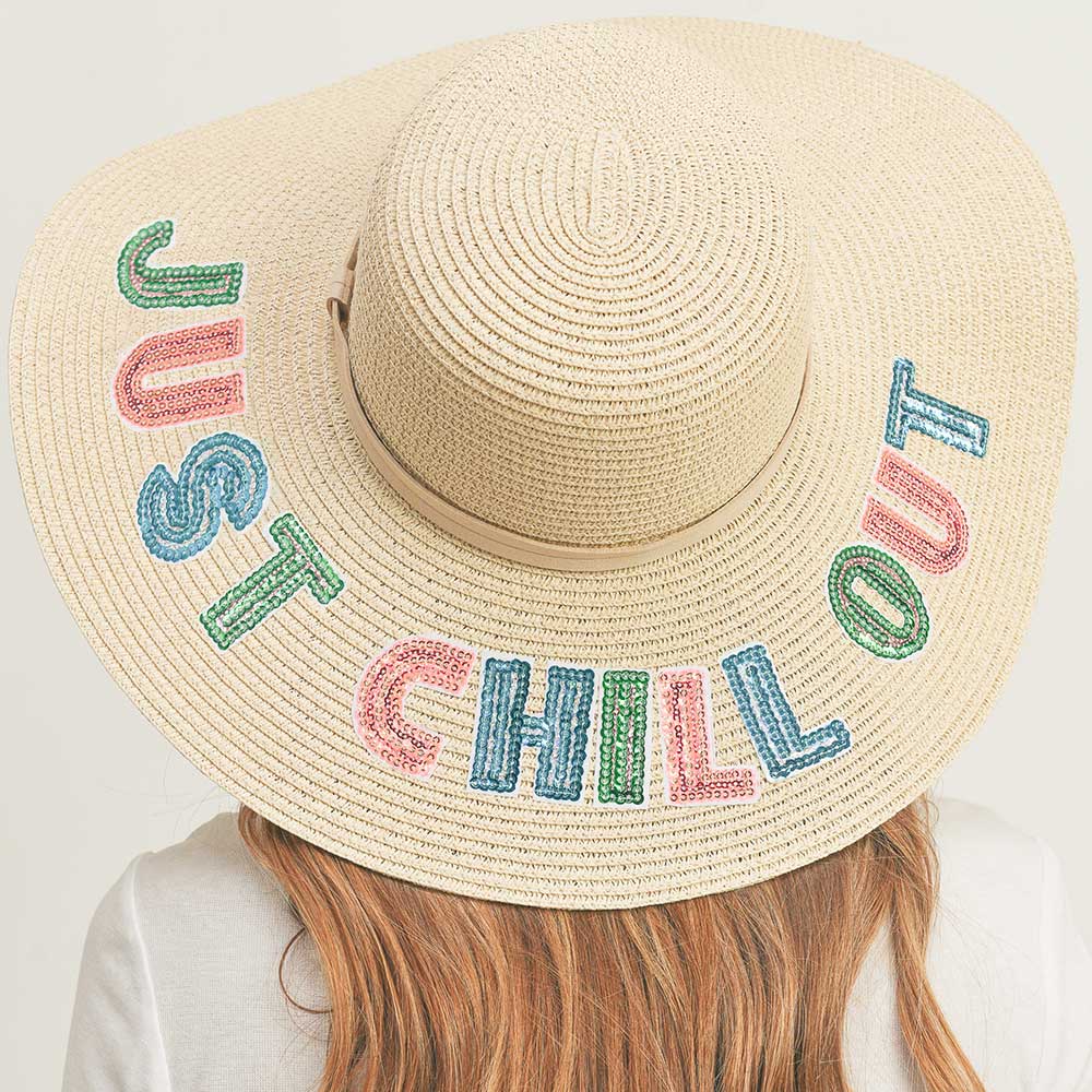 HATEGORY Just Chill Out Sequin Message Straw Panama Sun Hat