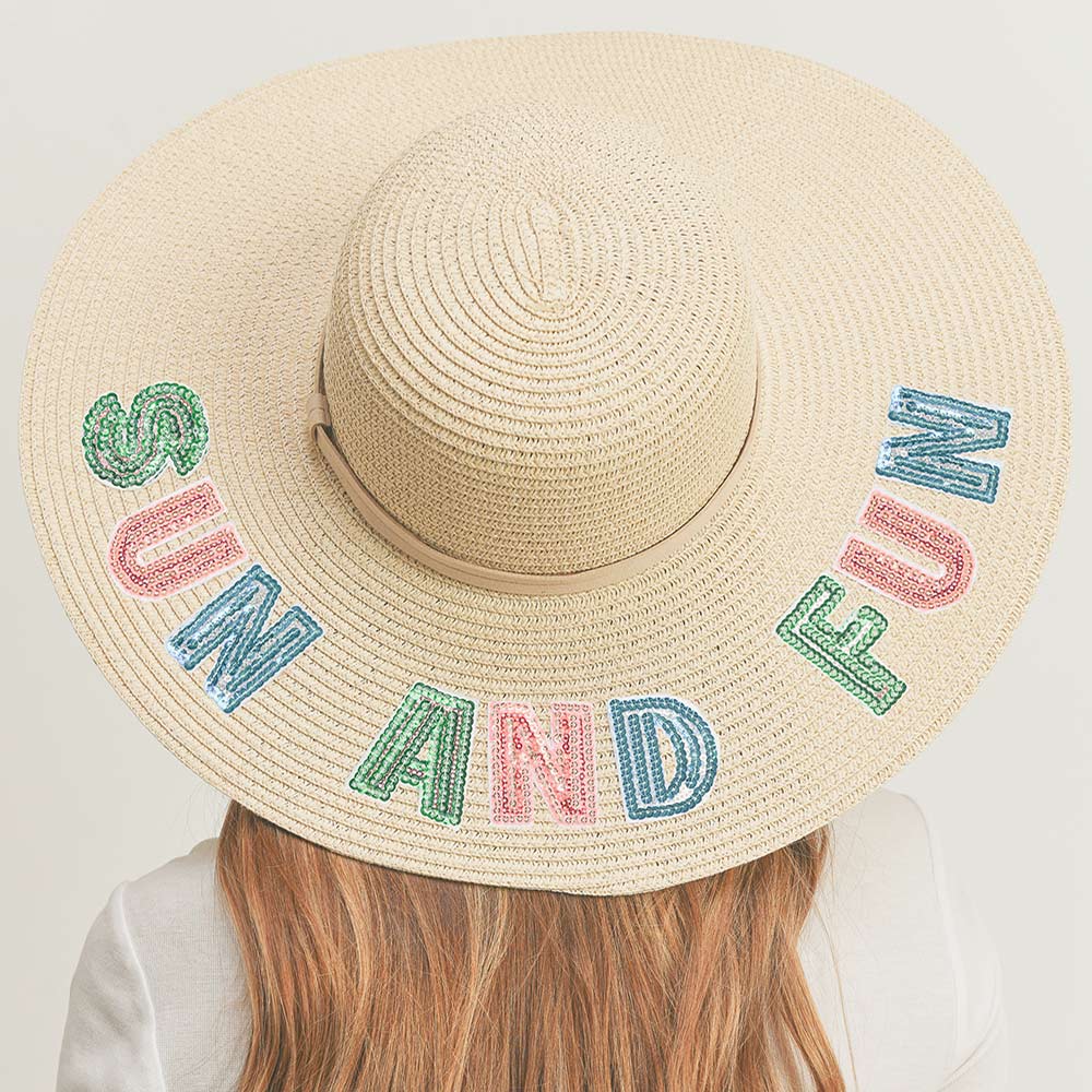 HATEGORY Sun And Fun Sequin Message Straw Panama Sun Hat