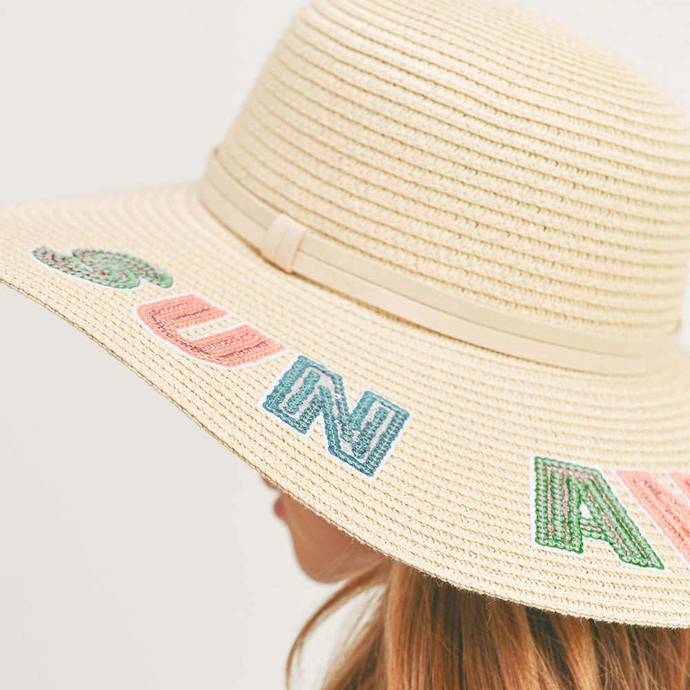 HATEGORY Sun And Fun Sequin Message Straw Panama Sun Hat