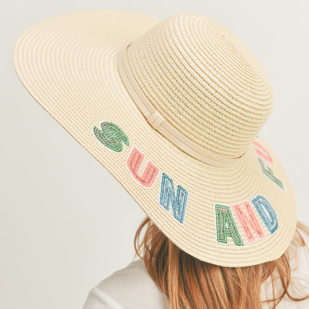 HATEGORY Sun And Fun Sequin Message Straw Panama Sun Hat