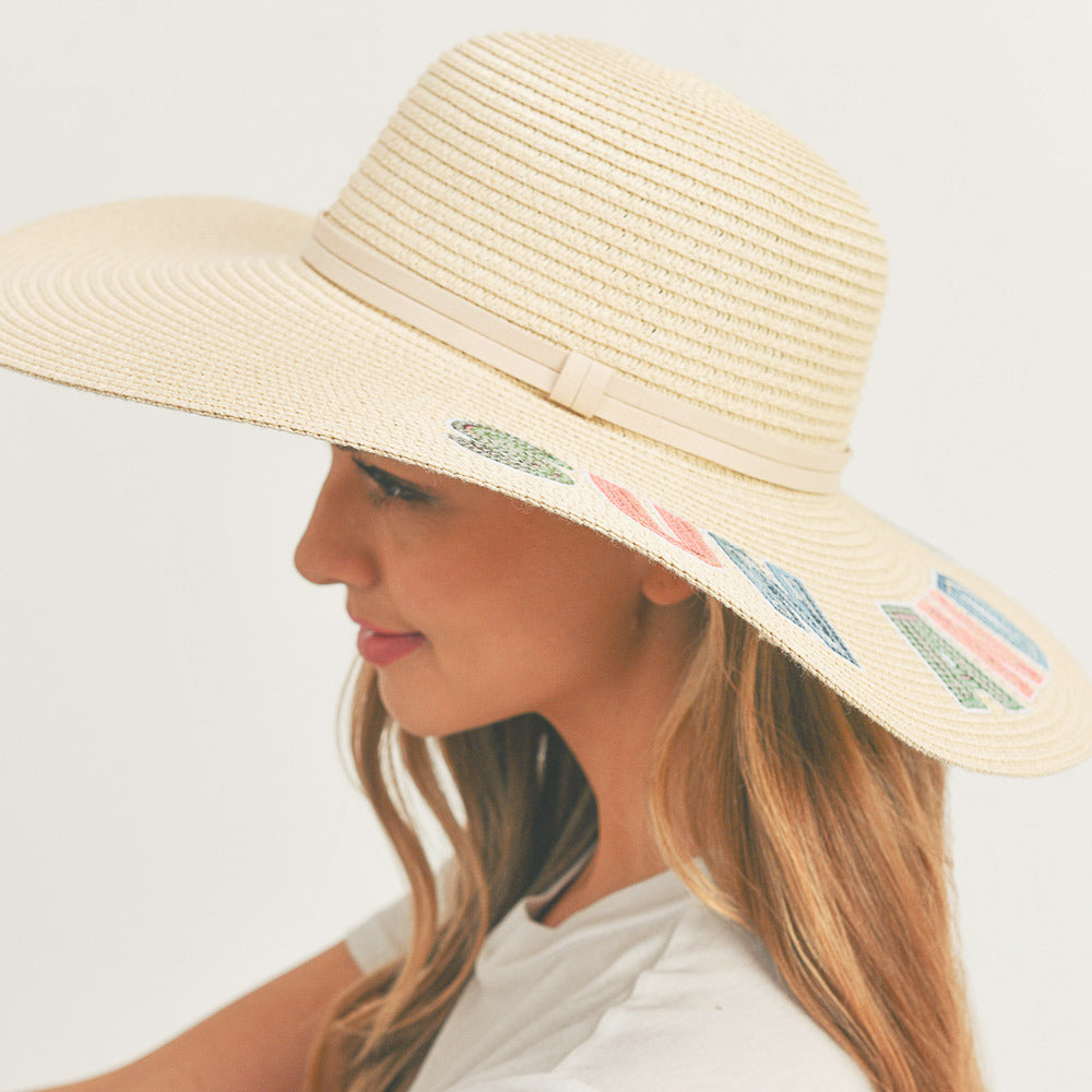 HATEGORY Sun And Fun Sequin Message Straw Panama Sun Hat