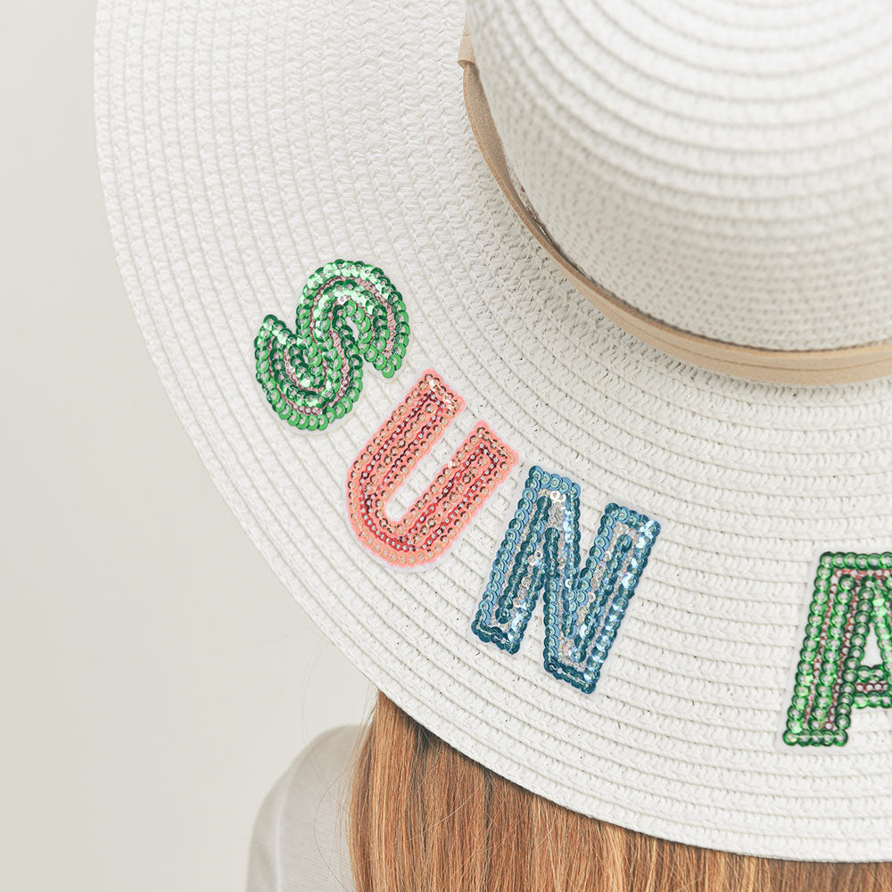HATEGORY Sun And Fun Sequin Message Straw Panama Sun Hat