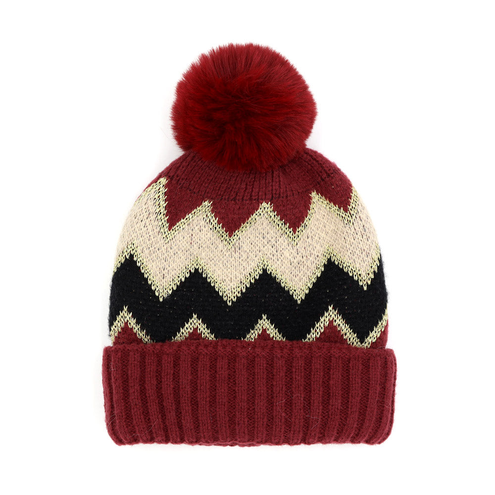 HATEGORY Zigzag Chevron Patterned Fuzzy Fleece Pom Pom Beanie Hat