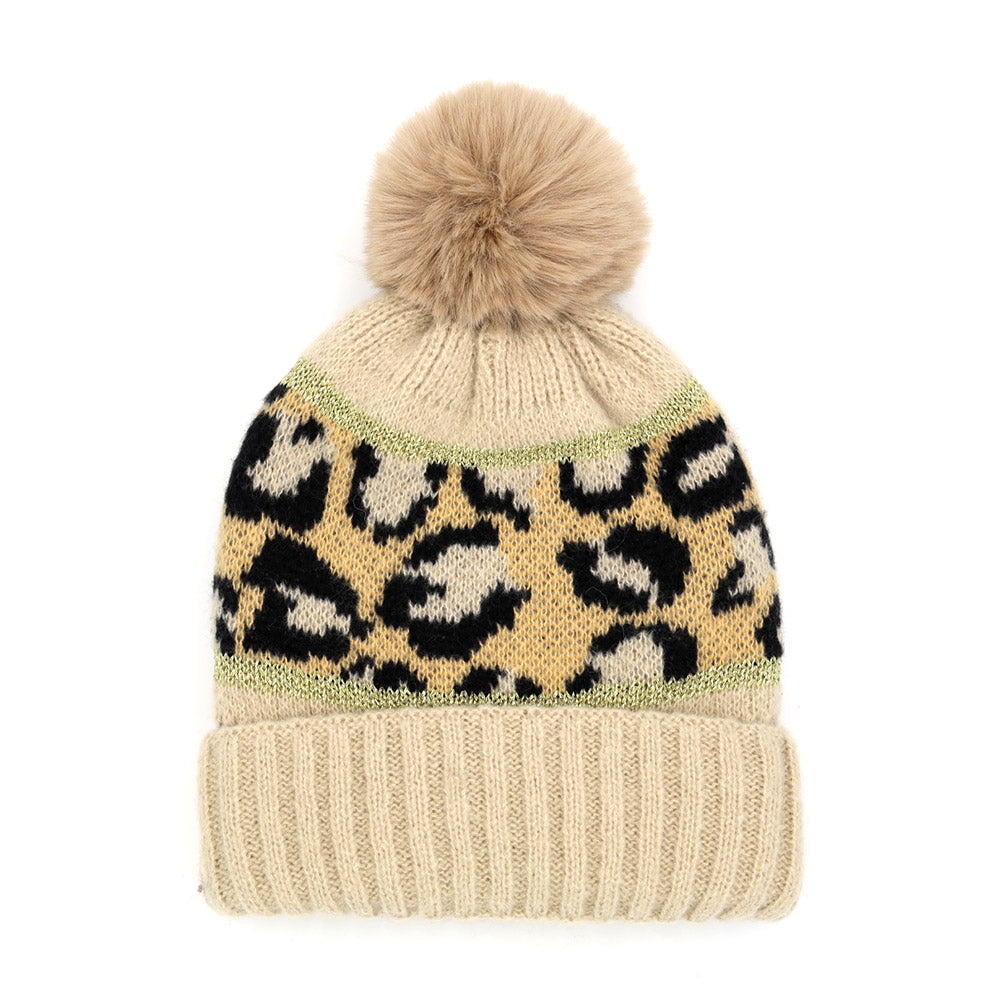 HATEGORY Leopard Patterned Pom Pom Beanie Hat