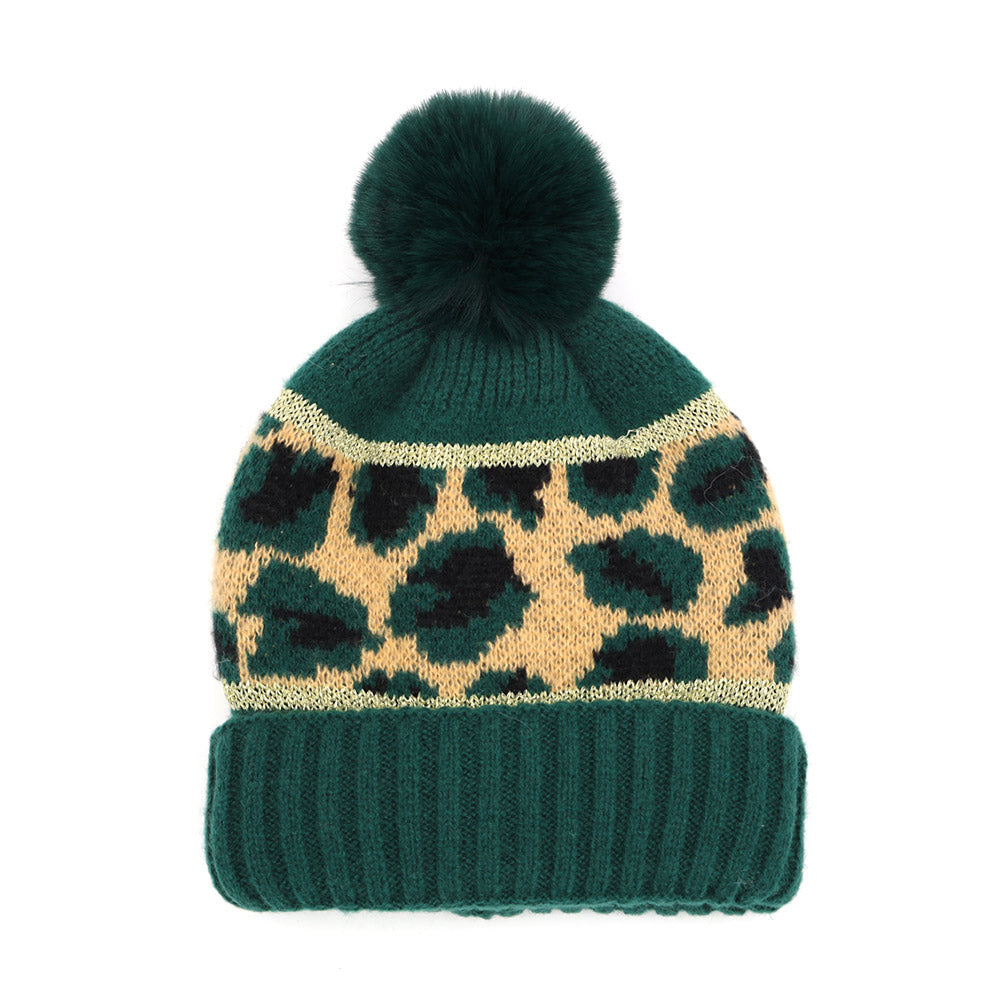 HATEGORY Leopard Patterned Pom Pom Beanie Hat