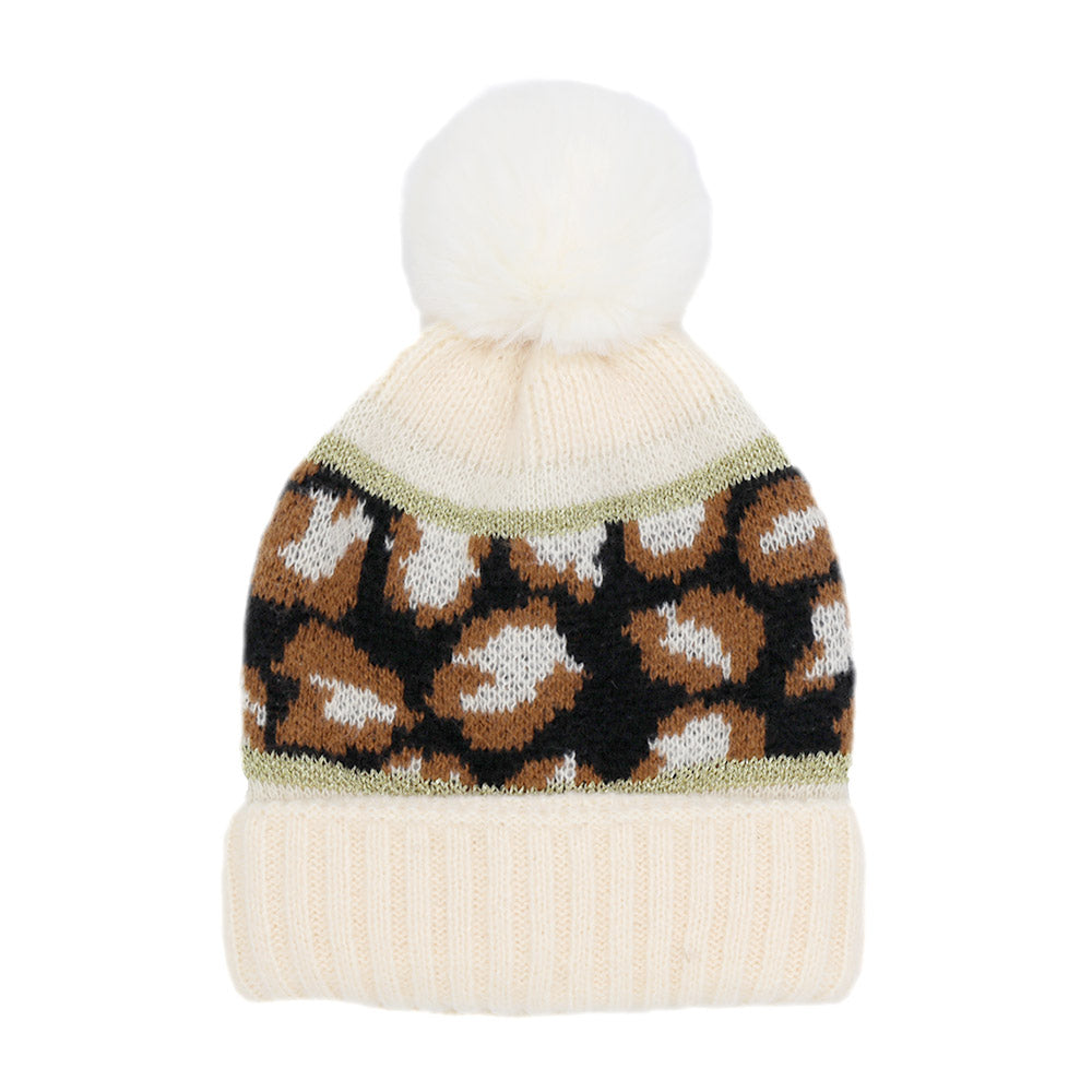 HATEGORY Leopard Patterned Pom Pom Beanie Hat