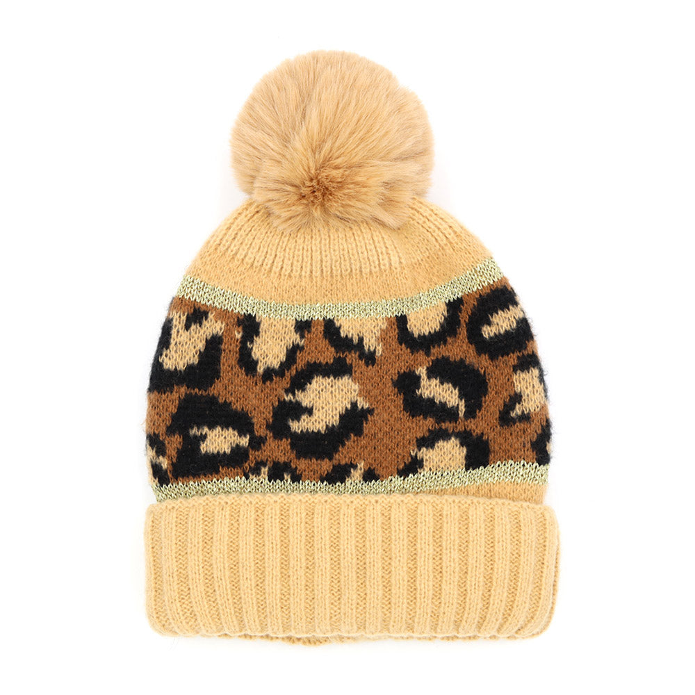 HATEGORY Leopard Patterned Pom Pom Beanie Hat