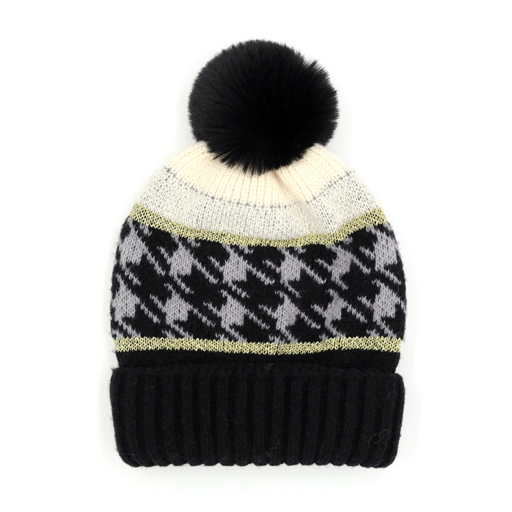 HATEGORY Houndstooth Patterned Pom Pom Beanie Hat