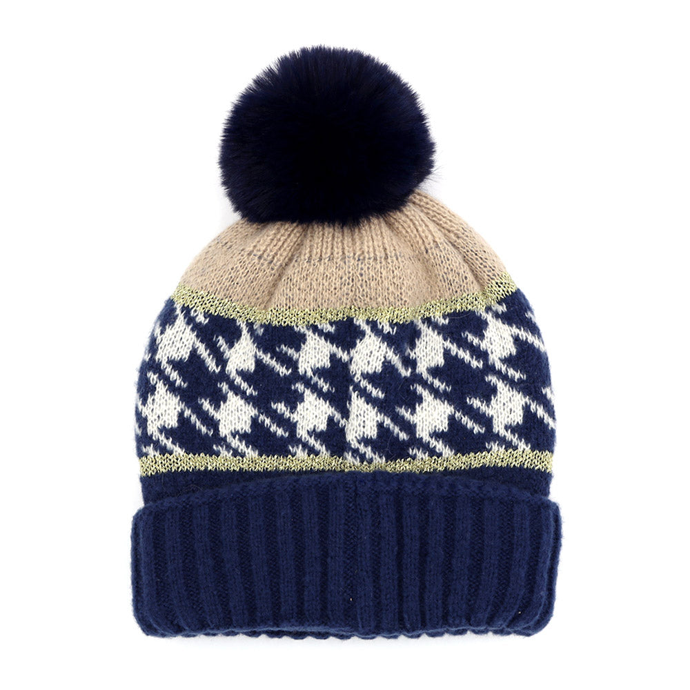 HATEGORY Houndstooth Patterned Pom Pom Beanie Hat