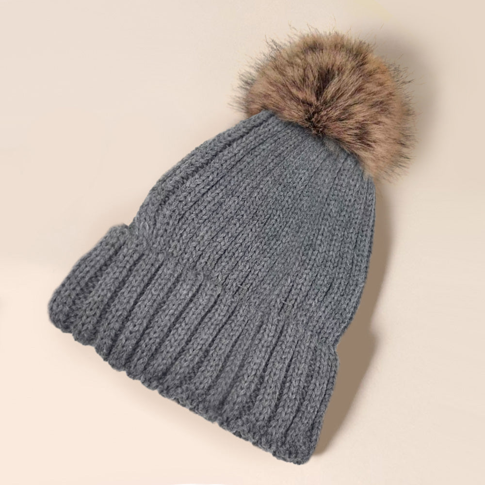 HATEGORY Solid Knit Faux Fur Pom Pom Beanie Hat