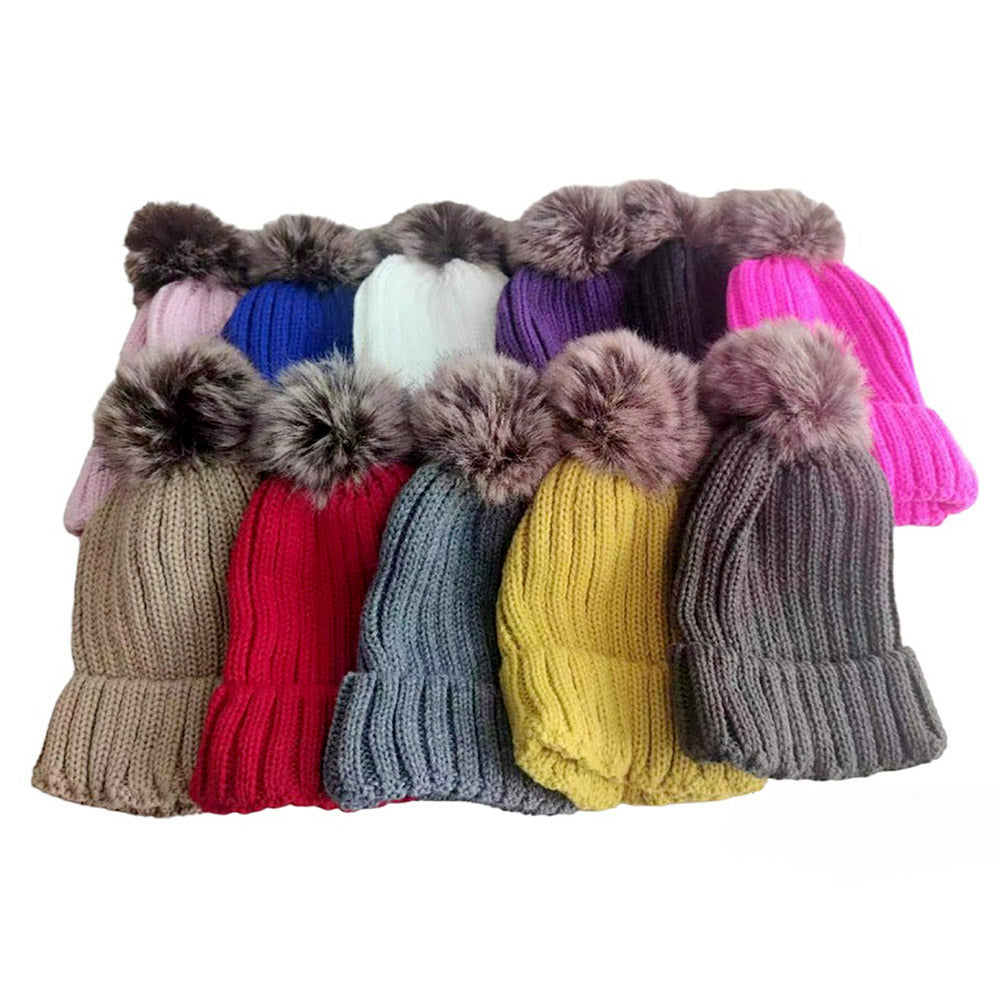 HATEGORY Solid Knit Faux Fur Pom Pom Beanie Hat