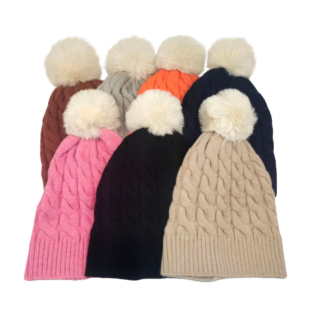 HATEGORY Cable Knit Faux Fur Pom Pom Beanie Hat