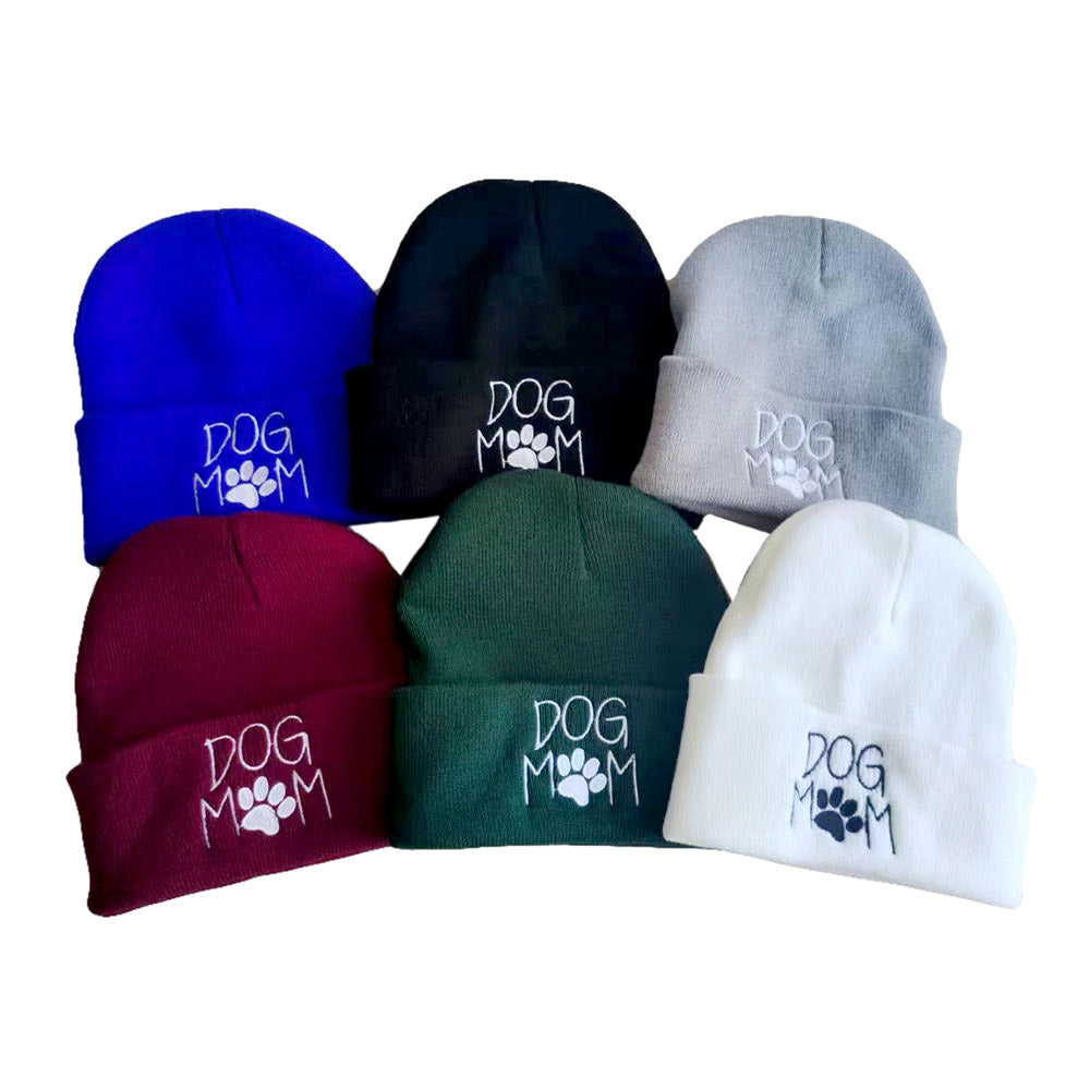 HATEGORY Dog Mom Message Paw Pointed Solid Knit Beanie Hat