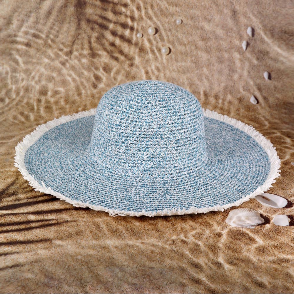 HATEGORY Frayed Two Tone Mixed Color Straw Floppy Hat