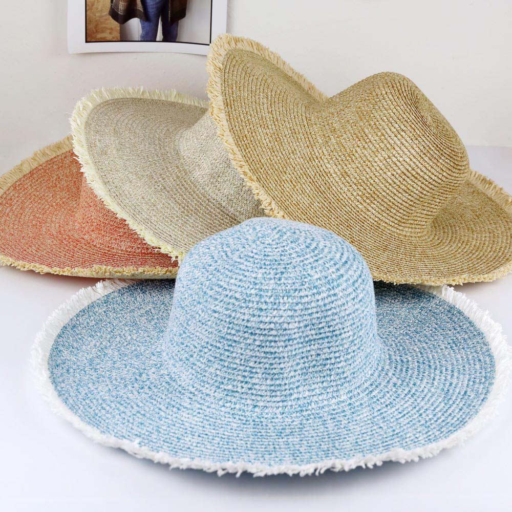 HATEGORY Frayed Two Tone Mixed Color Straw Floppy Hat