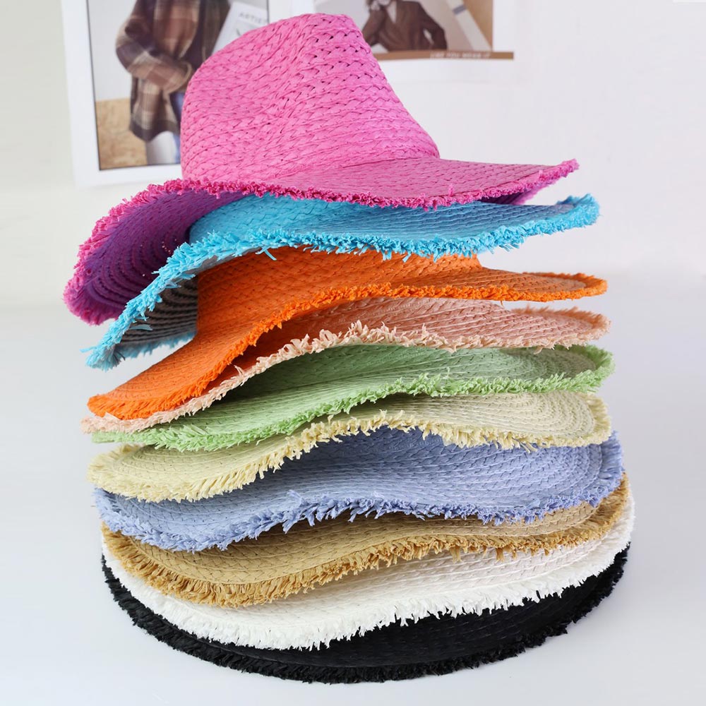 HATEGORY Frayed Solid Straw Sun Hat