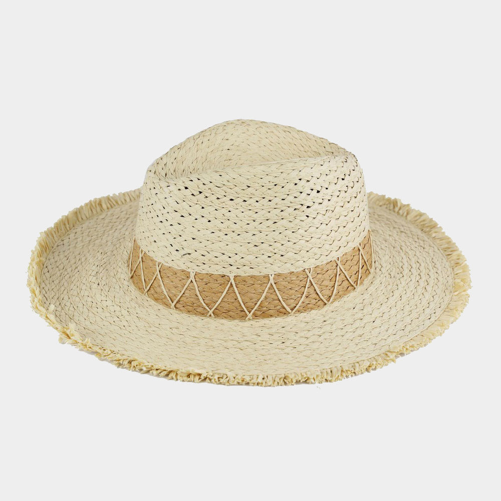 HATEGORY Chevron Band Frayed Two Tone Straw Sun Hat
