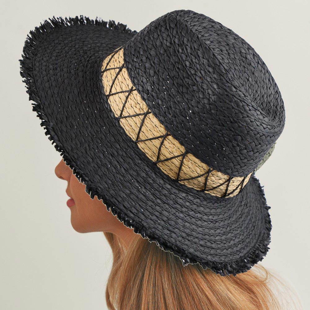 HATEGORY Chevron Band Frayed Two Tone Straw Sun Hat