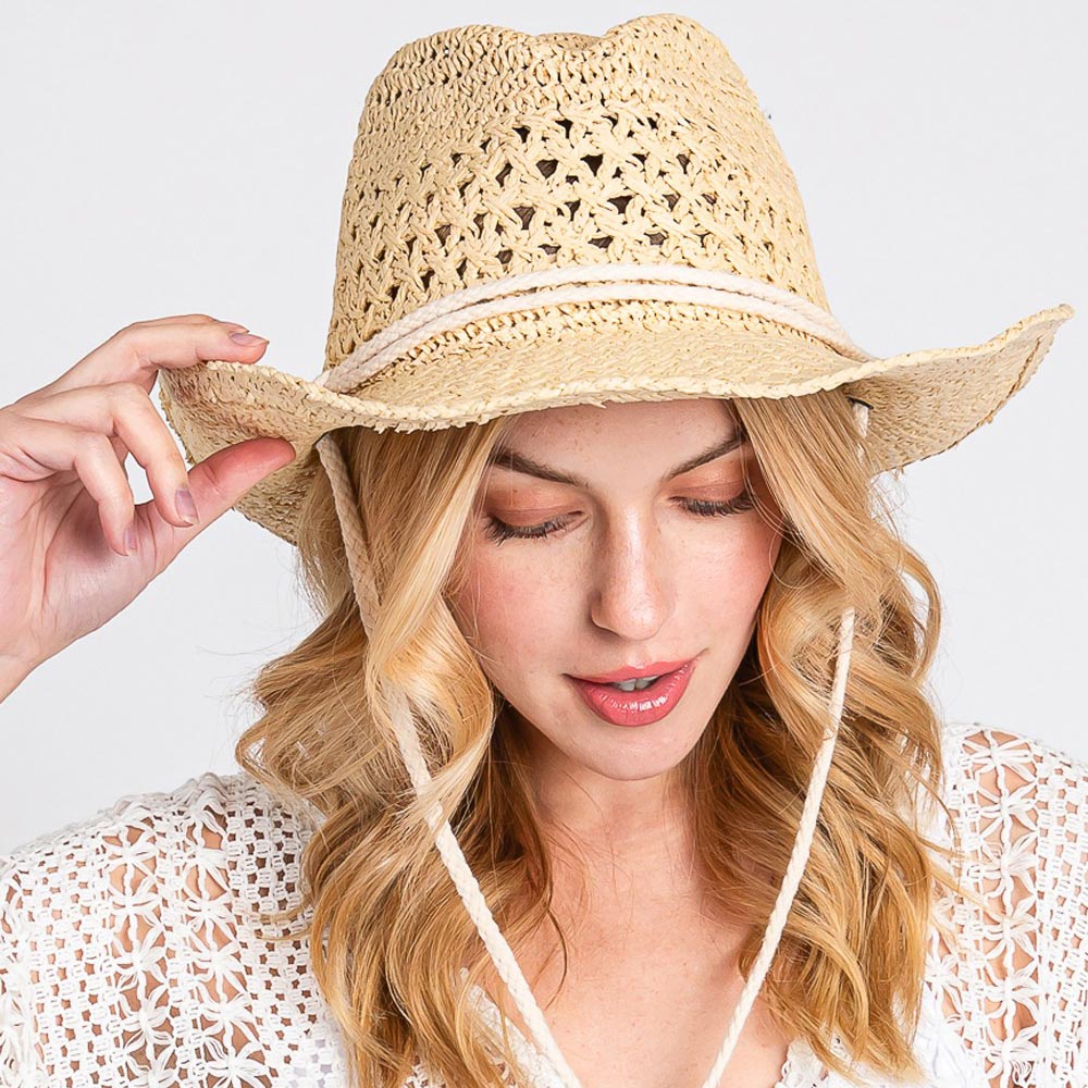 HATEGORY Straw Cowboy Cowgirl Handmade Hat With Chin Strap