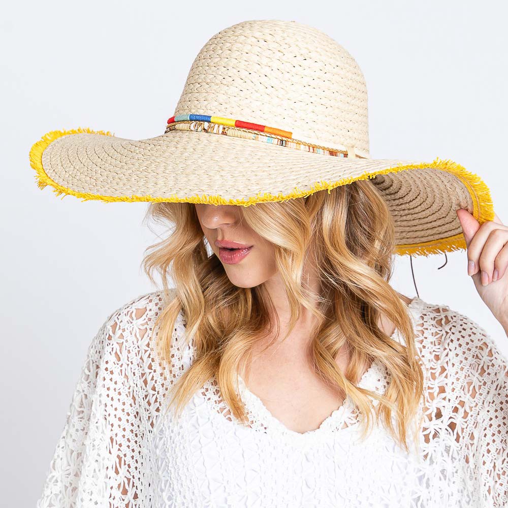 HATEGORY Colored Frayed Floppy Straw Hat With Multi Bands