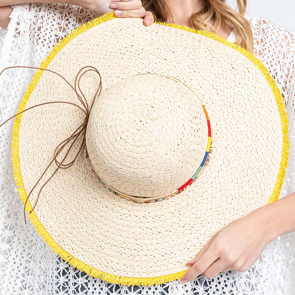 HATEGORY Colored Frayed Floppy Straw Hat With Multi Bands