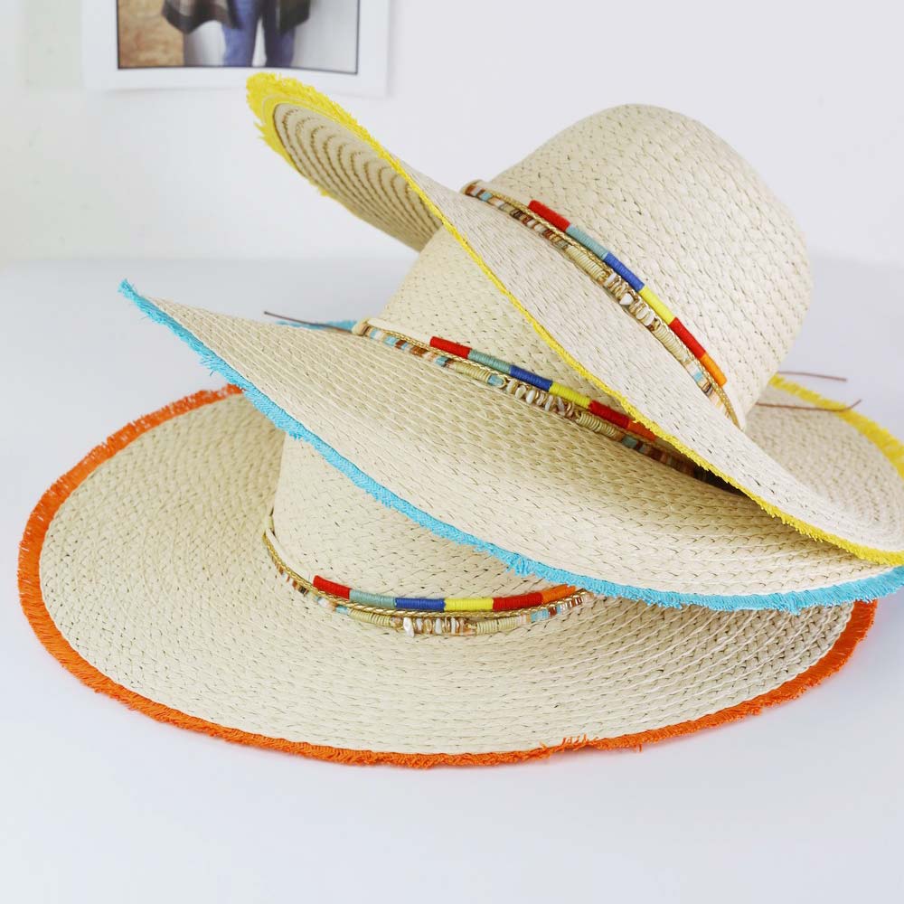 HATEGORY Colored Frayed Floppy Straw Hat With Multi Bands