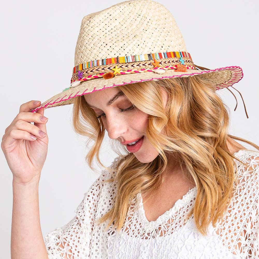HATEGORY Stitch Edged Straw Handmade Sun Hat With Boho