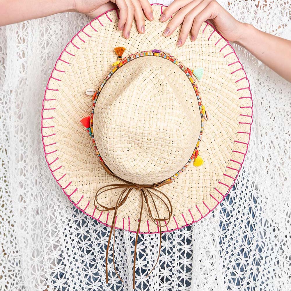 HATEGORY Stitch Edged Straw Handmade Sun Hat With Boho