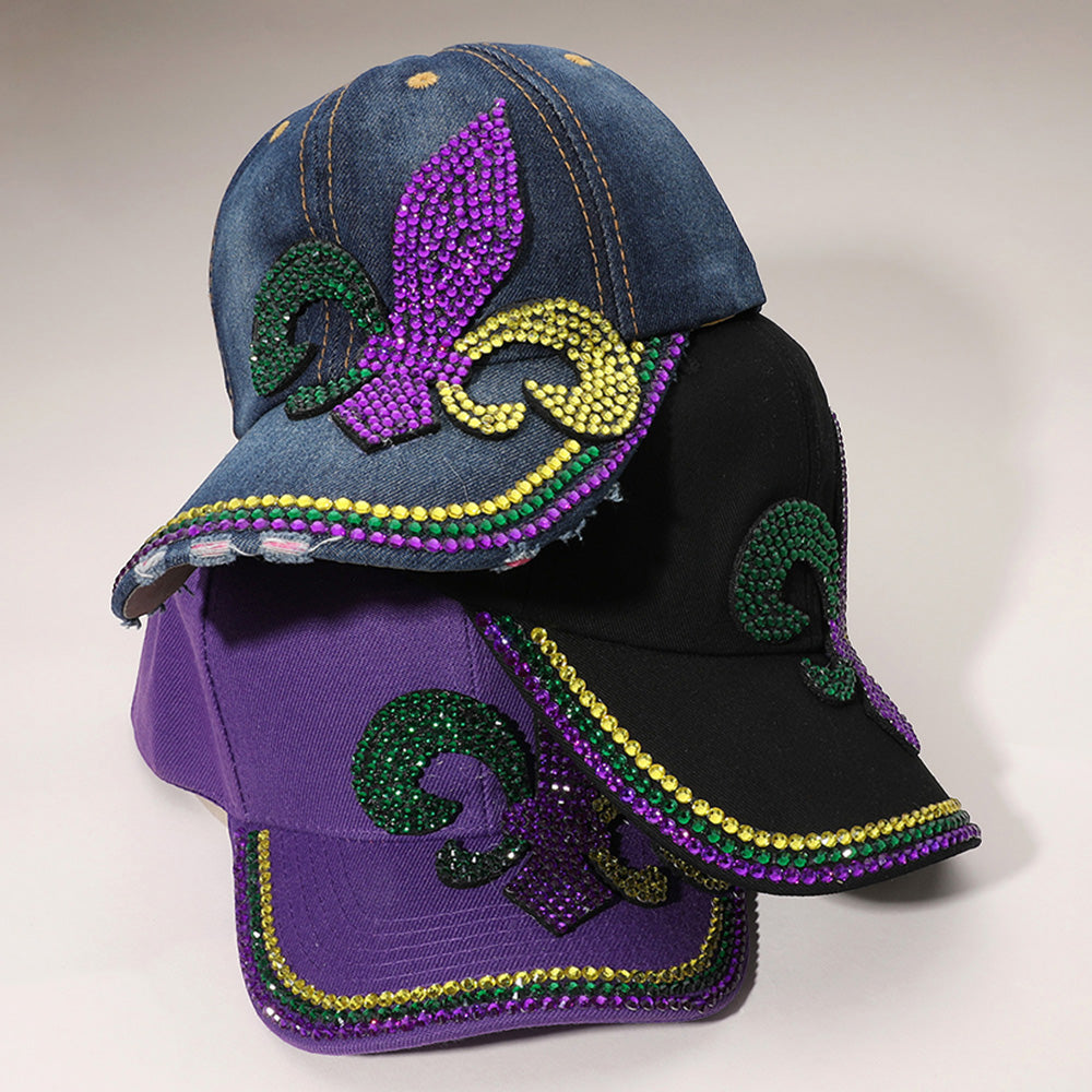 HATEGORY Bling Studded Mardi Gras Fleur de Lis Baseball Cap