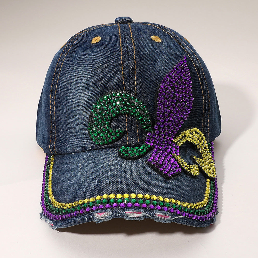 HATEGORY Bling Studded Mardi Gras Fleur de Lis Baseball Cap