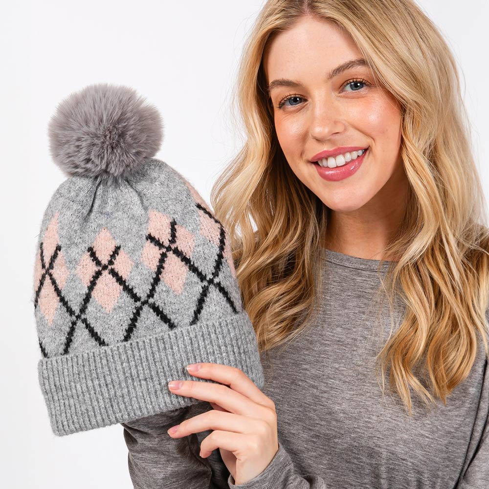 HATEGORY Wool Blended Argyle Fleece Pom Pom Beanie Hat