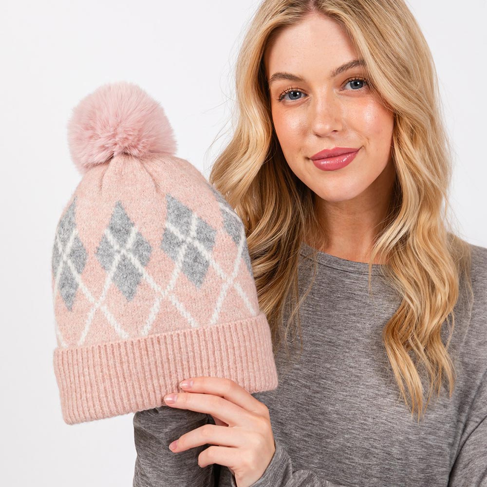 HATEGORY Wool Blended Argyle Fleece Pom Pom Beanie Hat