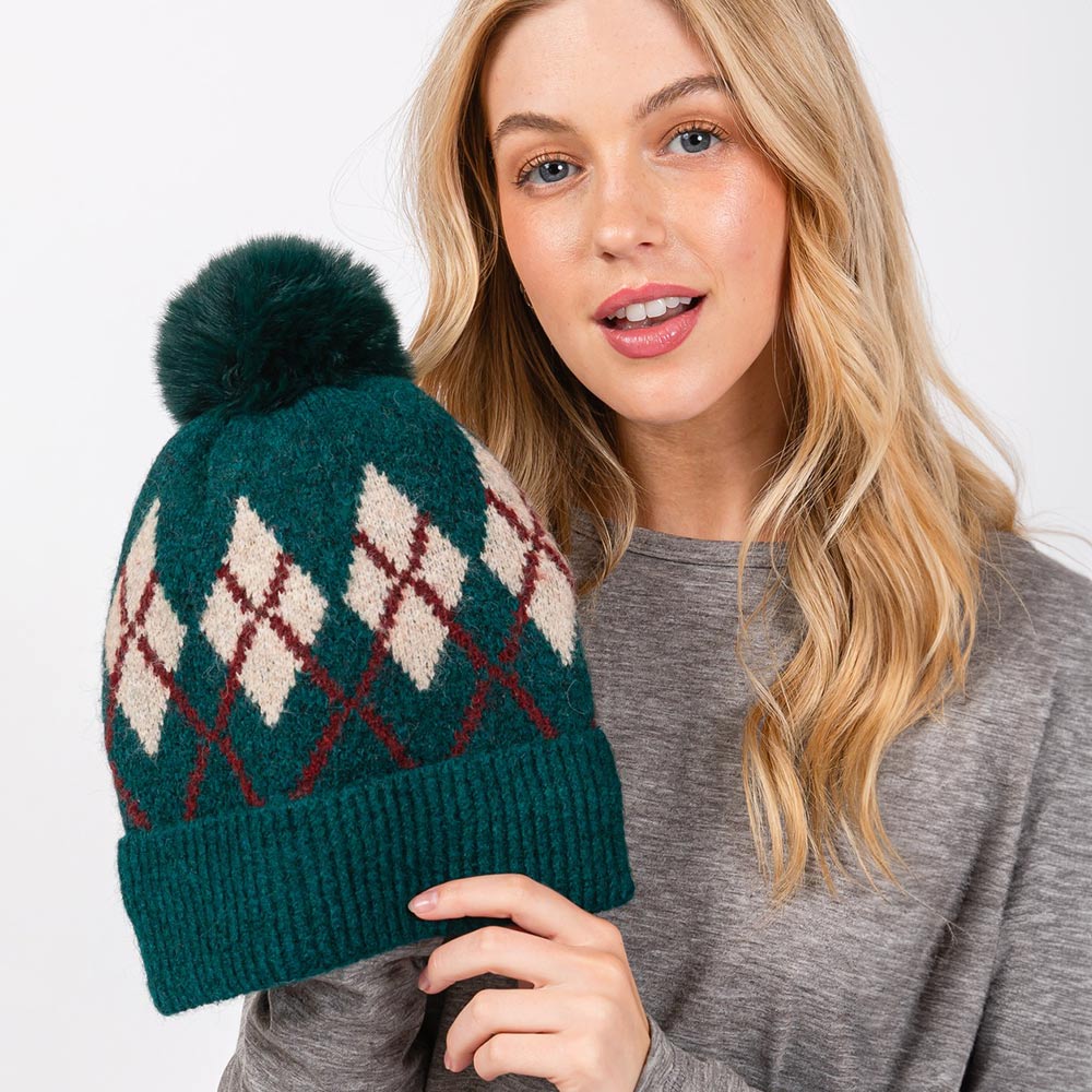 HATEGORY Wool Blended Argyle Fleece Pom Pom Beanie Hat