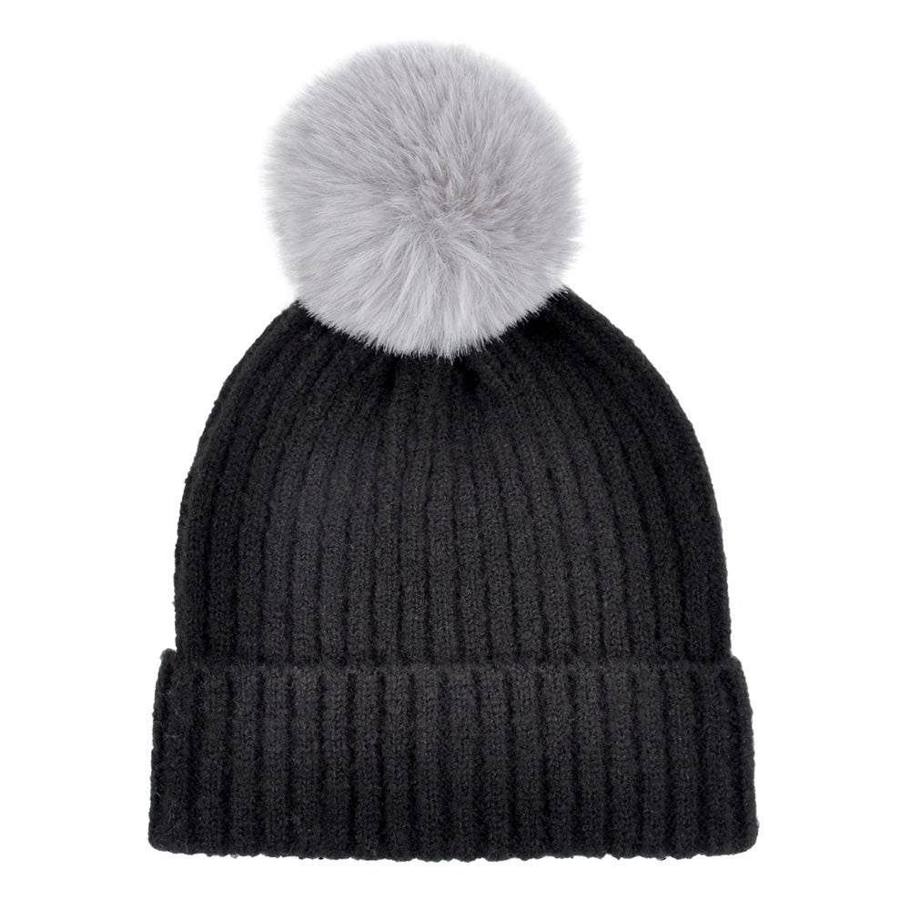 HATEGORY Solid Color Pom Pom Two Tone Beanie Hat