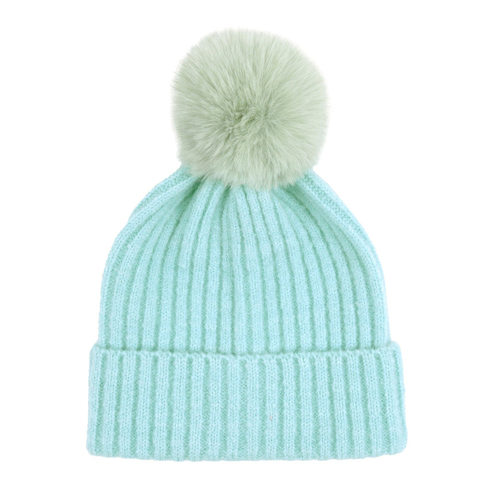 HATEGORY Solid Color Pom Pom Two Tone Beanie Hat
