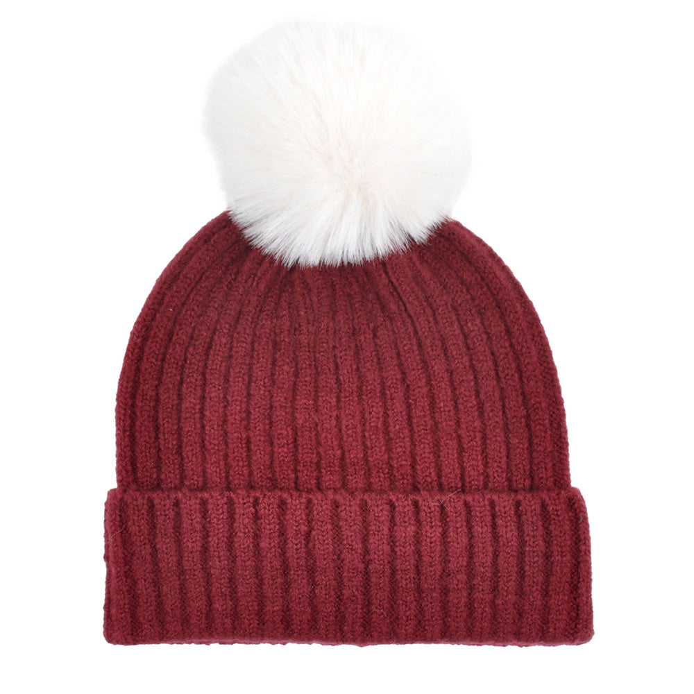 HATEGORY Solid Color Pom Pom Two Tone Beanie Hat