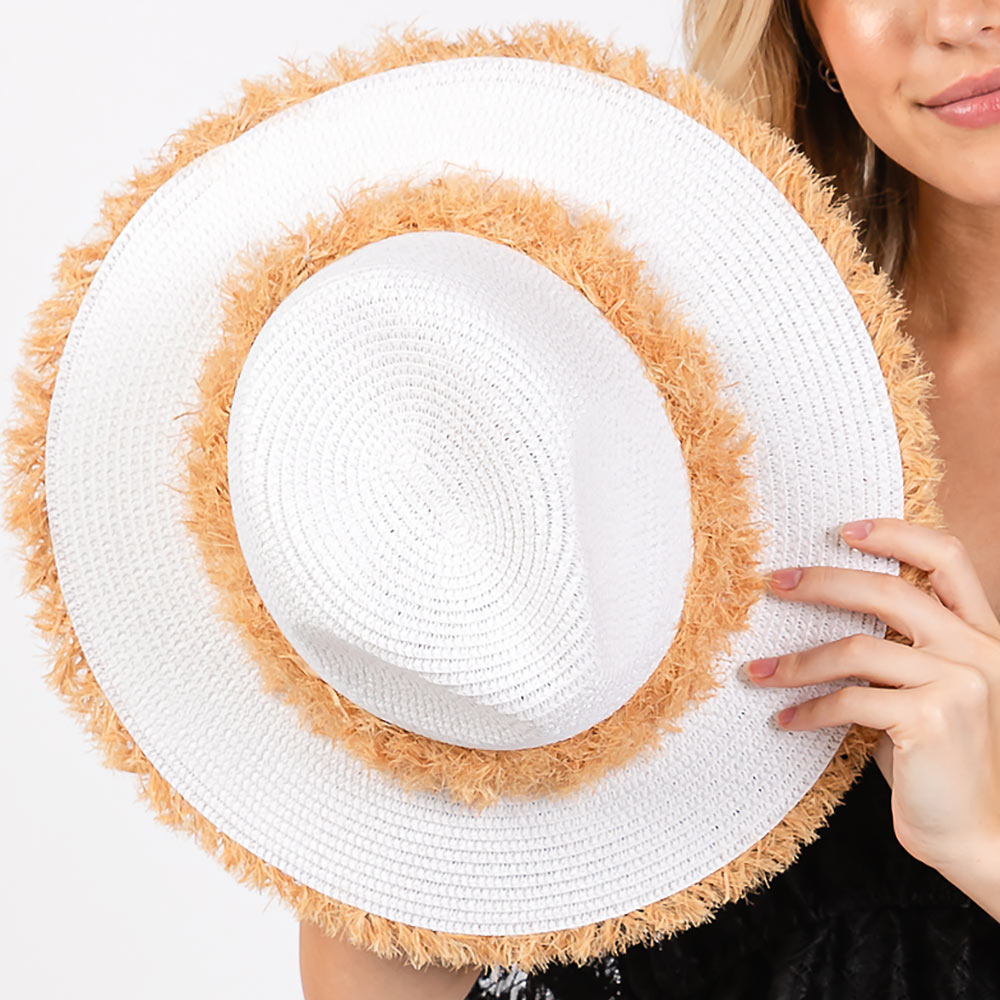 HATEGORY Frayed Band and Trip Straw Sun Hat
