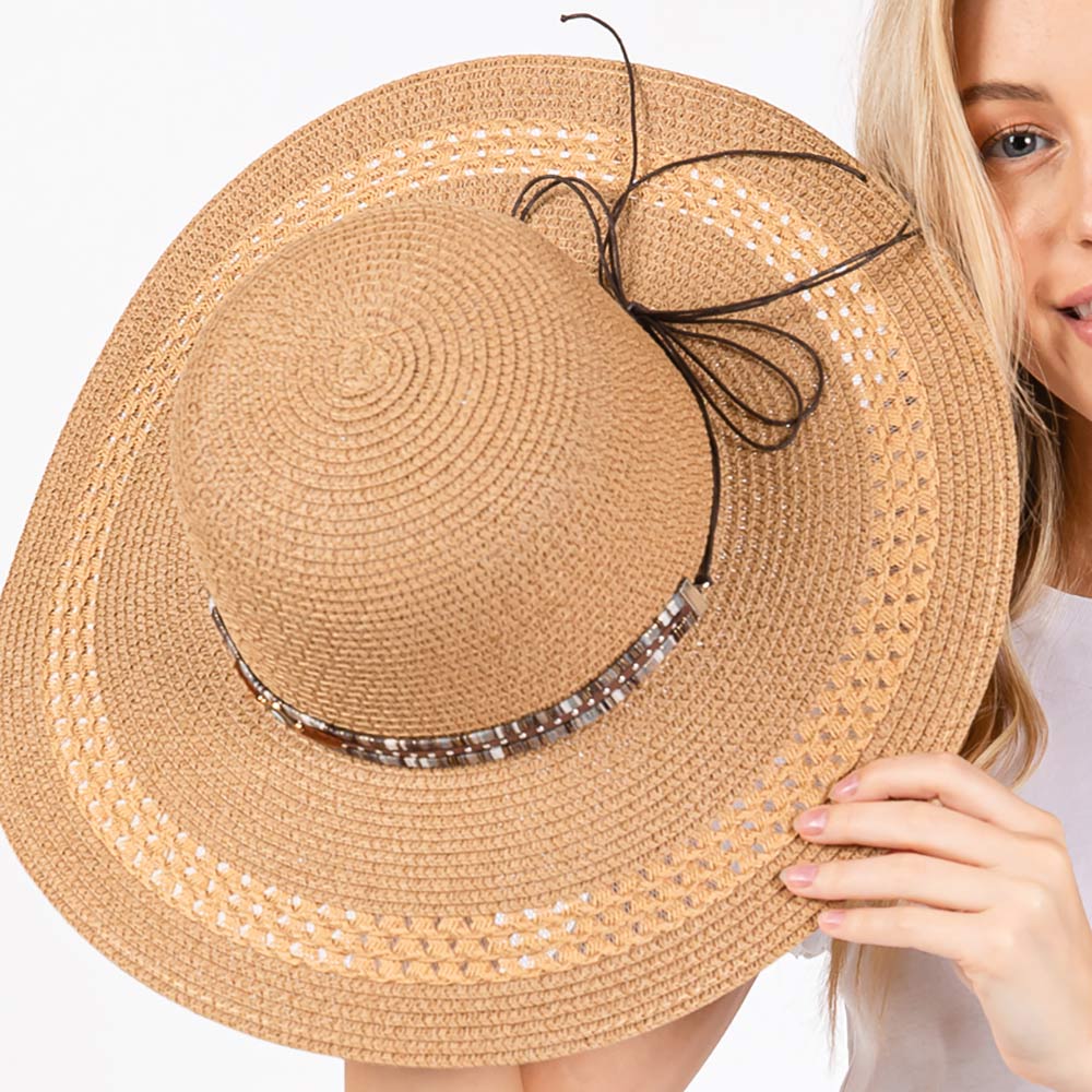 HATEGORY Wide Brim Straw Sun Hat with Evil Eye and Multi Design Band