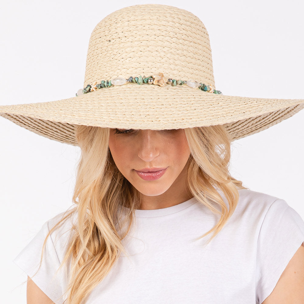 HATEGORY Wide Brim Floppy Sun Hat with Turquoise Stone and Starfish Band