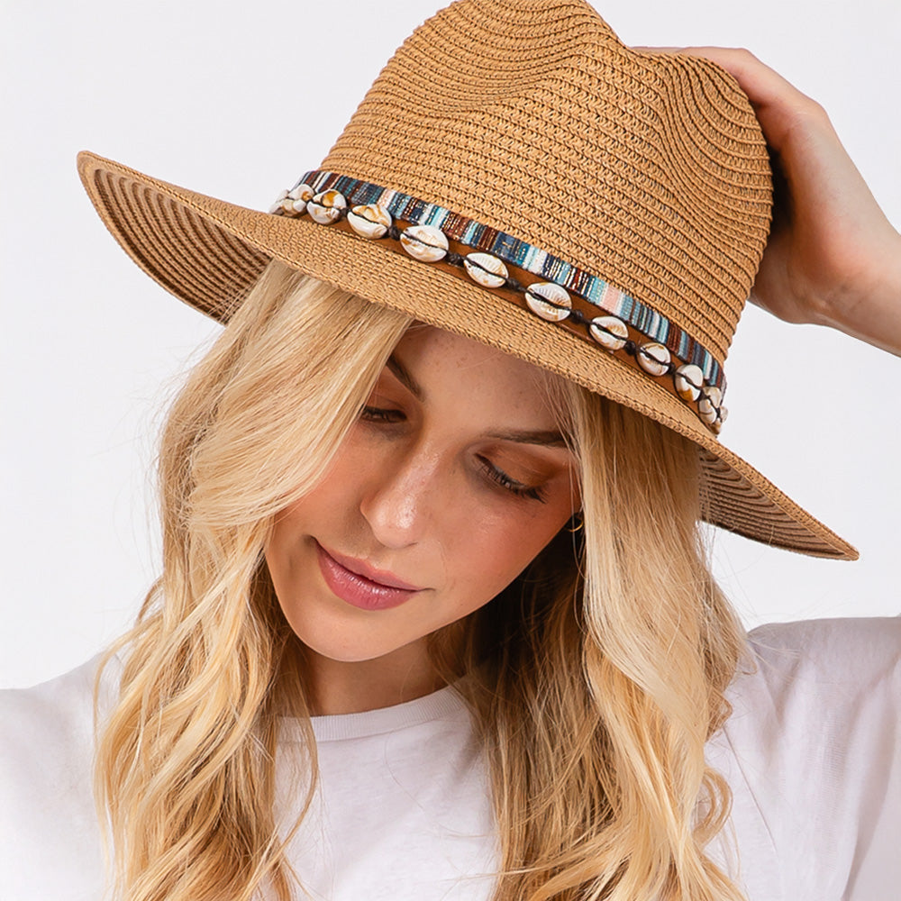 HATEGORY Straw Sun Hat with Puka Sell And Multi Colored Band