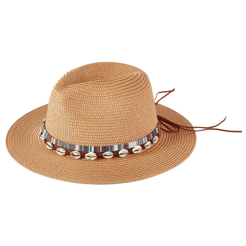 HATEGORY Straw Sun Hat with Puka Sell And Multi Colored Band