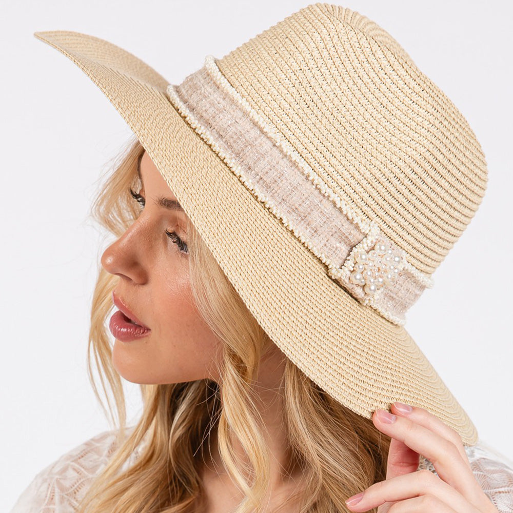 HATEGORY Tweed Pearl Band Straw Sun Hat
